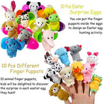 Colorful plastic egg shells opened revealing soft plush farm animal puppets