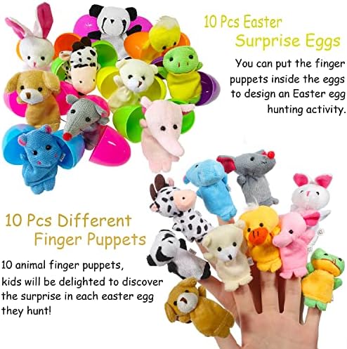 Colorful plastic egg shells opened revealing soft plush farm animal puppets