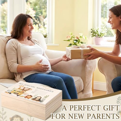 Open view of wooden baby keepsake box with storage compartments
