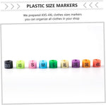 Round plastic garment size tags on wire hangers