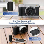 JJC premium aluminum alloy camera grip showing open battery door access and hidden memory card slot