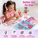 Two standing Mocoosy wooden dolls outfitted in casual sporty magnetic attire next to styling accessories