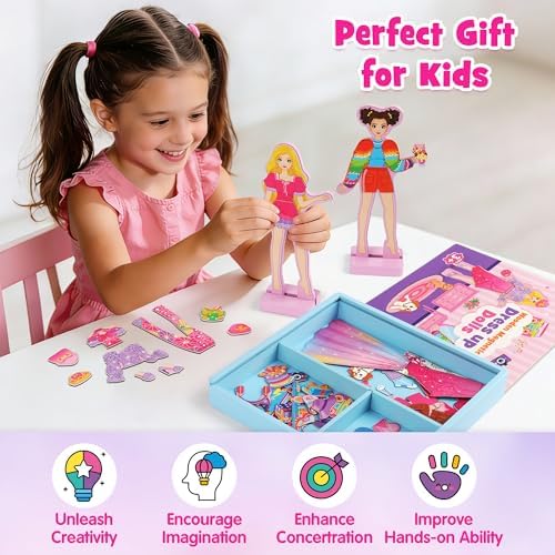 Two standing Mocoosy wooden dolls outfitted in casual sporty magnetic attire next to styling accessories