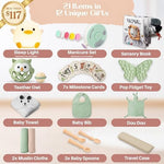 Bornealand premium baby hamper displaying the soft animal-themed hooded towel and neutral-toned cotton swaddle blankets neatly folded.