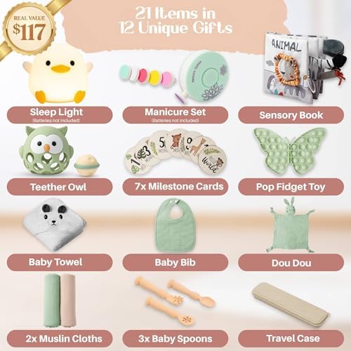 Bornealand premium baby hamper displaying the soft animal-themed hooded towel and neutral-toned cotton swaddle blankets neatly folded.