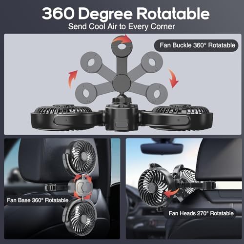 Dealswin rechargeable backseat fan highlighting the three hundred sixty degree rotation feature for multi passenger comfort