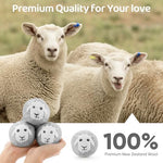 Six pack of natural wool balls for dryer placed next to freshly dried fluffy clothing.