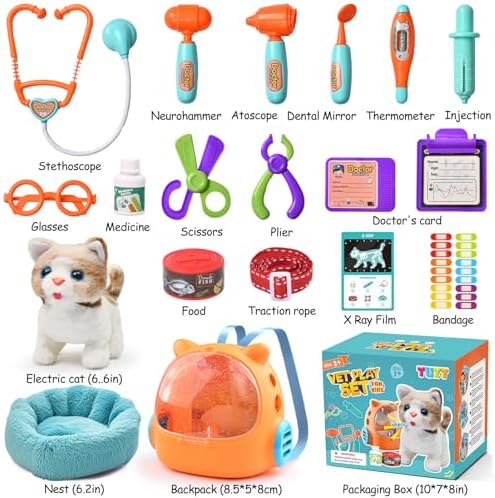Child playing with Tuzt veterinarian playset and plush cat toy.