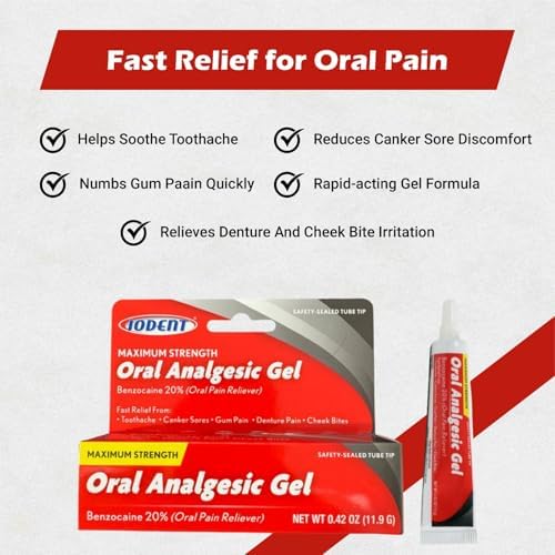 Alcohol free oral pain relief gel for gum irritation and denture sore relief.