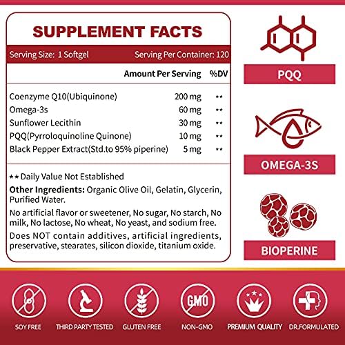 Side view of ZEBORA CoQ10 120 servings packaging showcasing high absorption benefits and GMP certification details