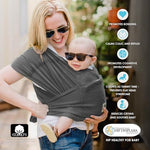 Ergonomic hip-healthy position demonstration using the Charcoal Medium double-loop wrap sling.