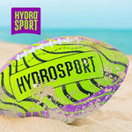 Family playing water polo and throwing the durable HydroSport football in a lake environment.