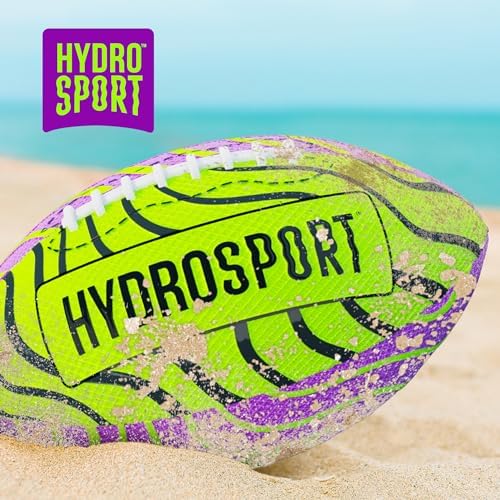 Family playing water polo and throwing the durable HydroSport football in a lake environment.