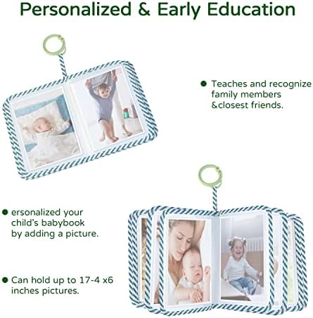 Boczif soft fabric memory book opened to show clear photo pockets holding family pictures