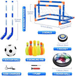 Hot Bee hover soccer kit showing the included bowling pins and inflatable ball accessories.