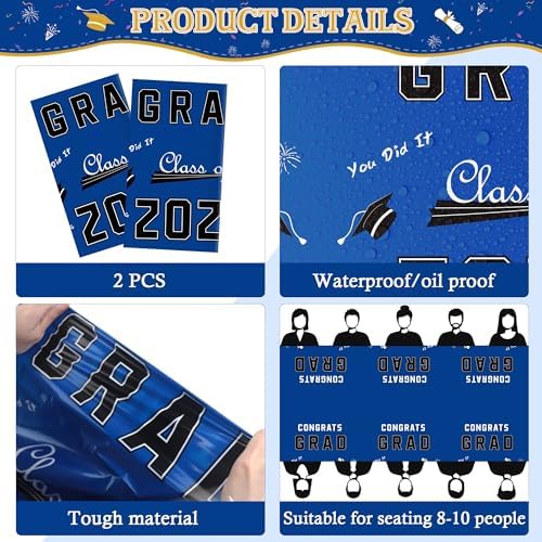 Blue plastic disposable tablecloth for graduation party