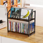 PAPAGIFTREE vintage wood desktop storage organizer holding standard jewel cases in the lower compartment