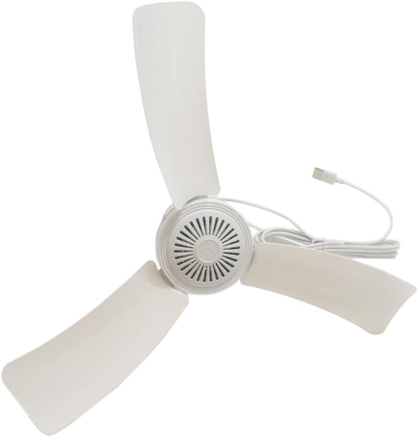 SKYRI portable ceiling fan front view showing three white plastic blades for camping comfort