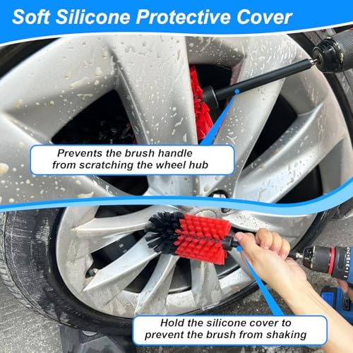 Two pieces car cleaning set showing brush dimensions for engine bay and exhaust pipe maintenance.