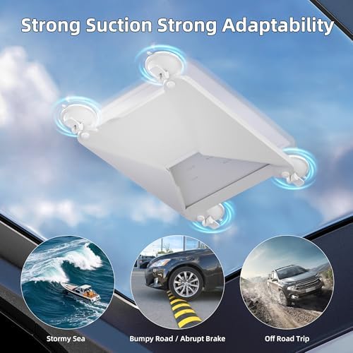 EAZUSE portable satellite internet mount fixed to a truck side window during an outdoor road trip