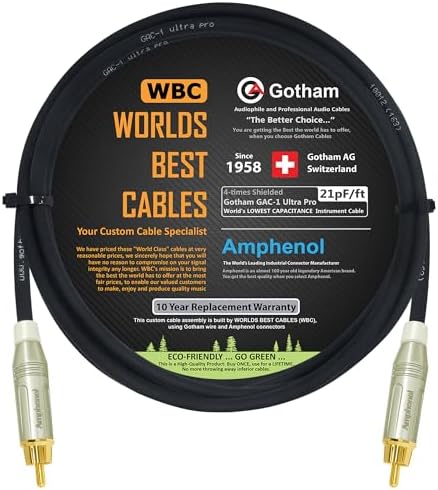 Close up of Amphenol gold plated RCA connector on Gotham cable