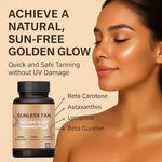 Side angle view of AUNVITO healthy tan golden glow 60 oral capsules bottle for beauty from within