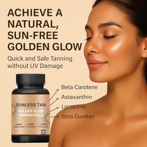 Side angle view of AUNVITO healthy tan golden glow 60 oral capsules bottle for beauty from within