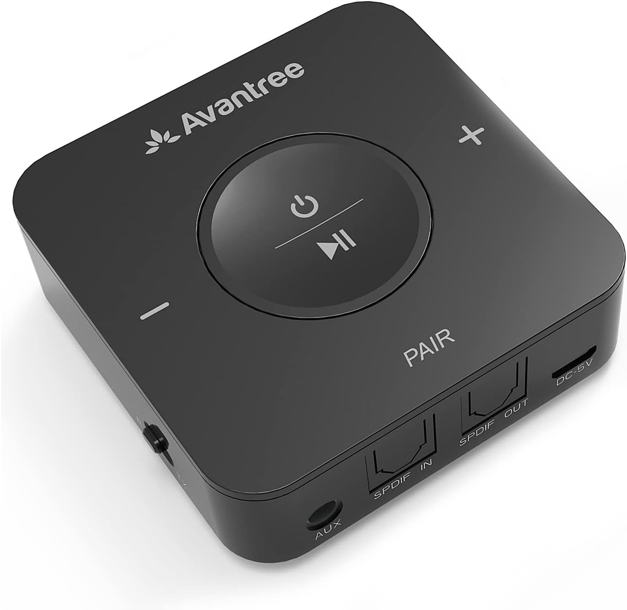 Avantree TC417 Bluetooth transmitter receiver front view showing volume control buttons and pairing indicator lights