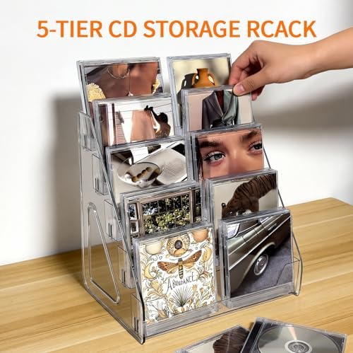 Wingsife transparent 5-tier multi level shelf organizing video games and media cases.