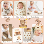 Amgkonp gender neutral bear themed baby hamper showing detailed view of baby socks and mittens.