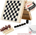 Hello Papaya tabletop battle slingshot board game with extra pucks and replacement elastic bands displayed.
