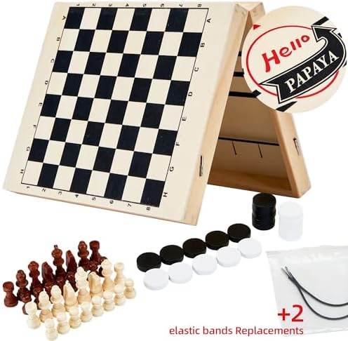 Hello Papaya tabletop battle slingshot board game with extra pucks and replacement elastic bands displayed.