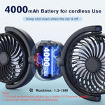 Hayousui backseat USB fan demonstrating three sixty degree rotation capability of independent black fan heads.