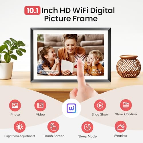 High definition IPS touch screen picture frame standing on a wooden desk