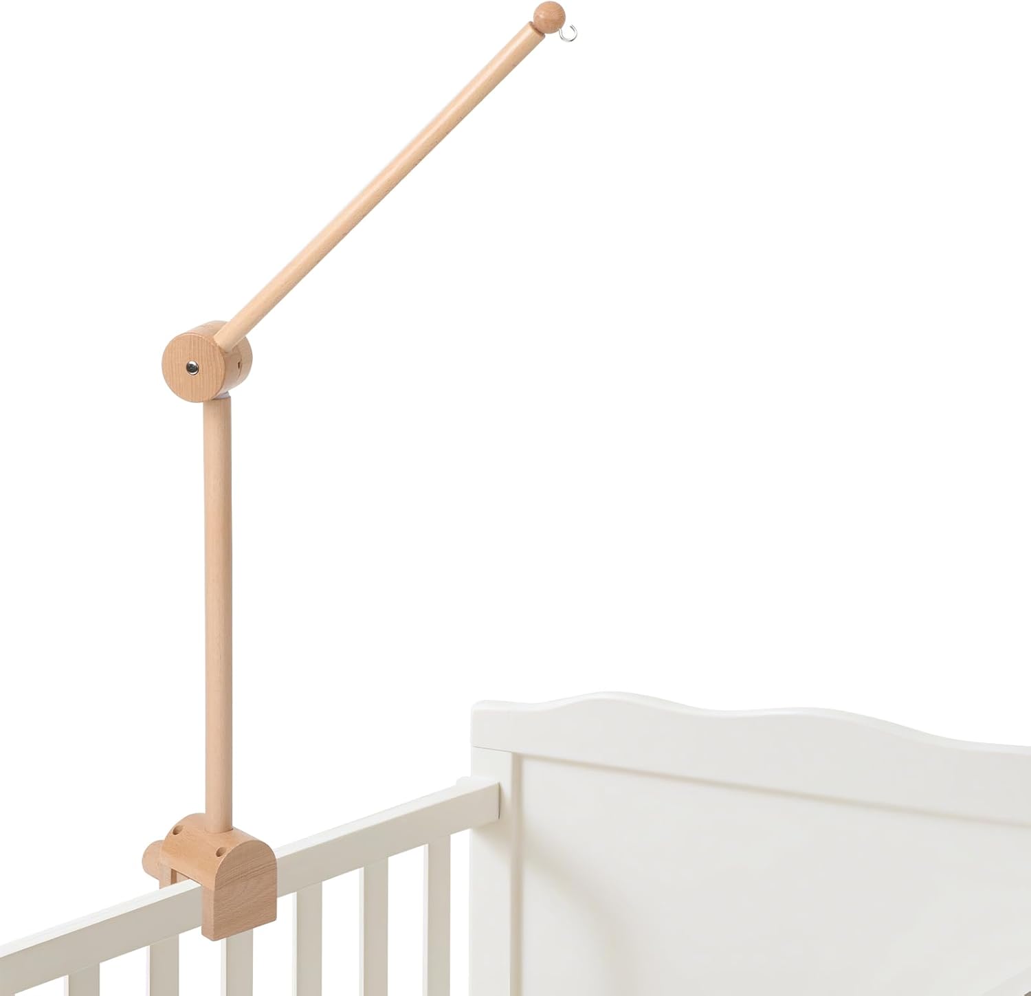 Tnfeeon Nicemer wooden baby crib mobile arm front view installed on a nursery cot.