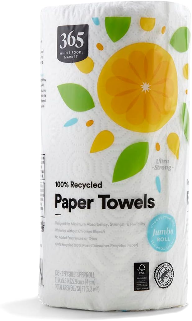 365 by Whole Foods Market, 100% Recycled Jumbo Paper Towels, Ultra-Strong, 135 Sheets per Roll, 1 Count - Image 1