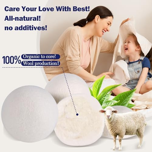 Six pack of premium reusable fabric softener wool balls arranged on a laundry shelf.