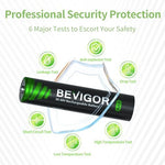 Product packaging side profile for BEVIGOR 1.2 volt rechargeable batteries demonstrating authentic import credentials.