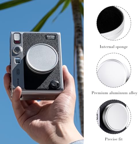 Premium silver aluminum camera cap positioned next to its specialized mini storage pouch.