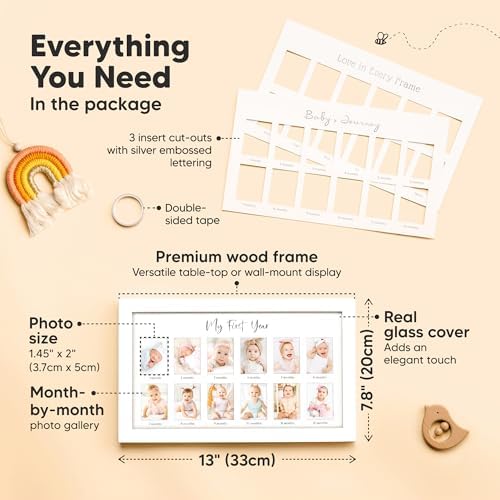 KeaBabies twelve months baby picture frame showcasing real glass cover clarity on a nursery tabletop.