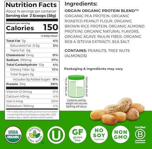 Orgain plant based nut butter protein powder nutrition facts label closeup