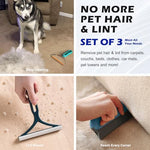Silicone pet hair brush removing cat fur from a grey fabric sofa.