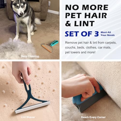 Silicone pet hair brush removing cat fur from a grey fabric sofa.