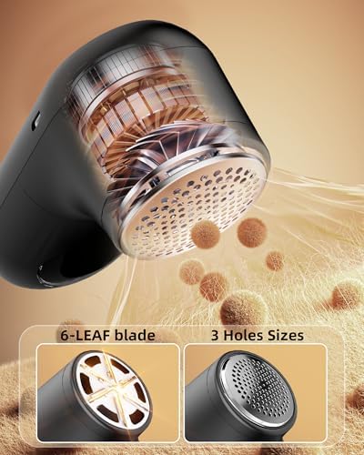 KIDEE lint remover being used on a grey woolen sweater to remove pilling.