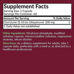 Side view of Futurebiotics cardiovascular health CoQ10 supplement bottle outlining usage instructions