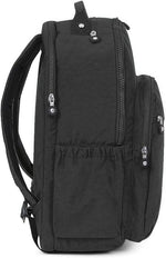 Kipling black tonal backpack top handle and zipper details