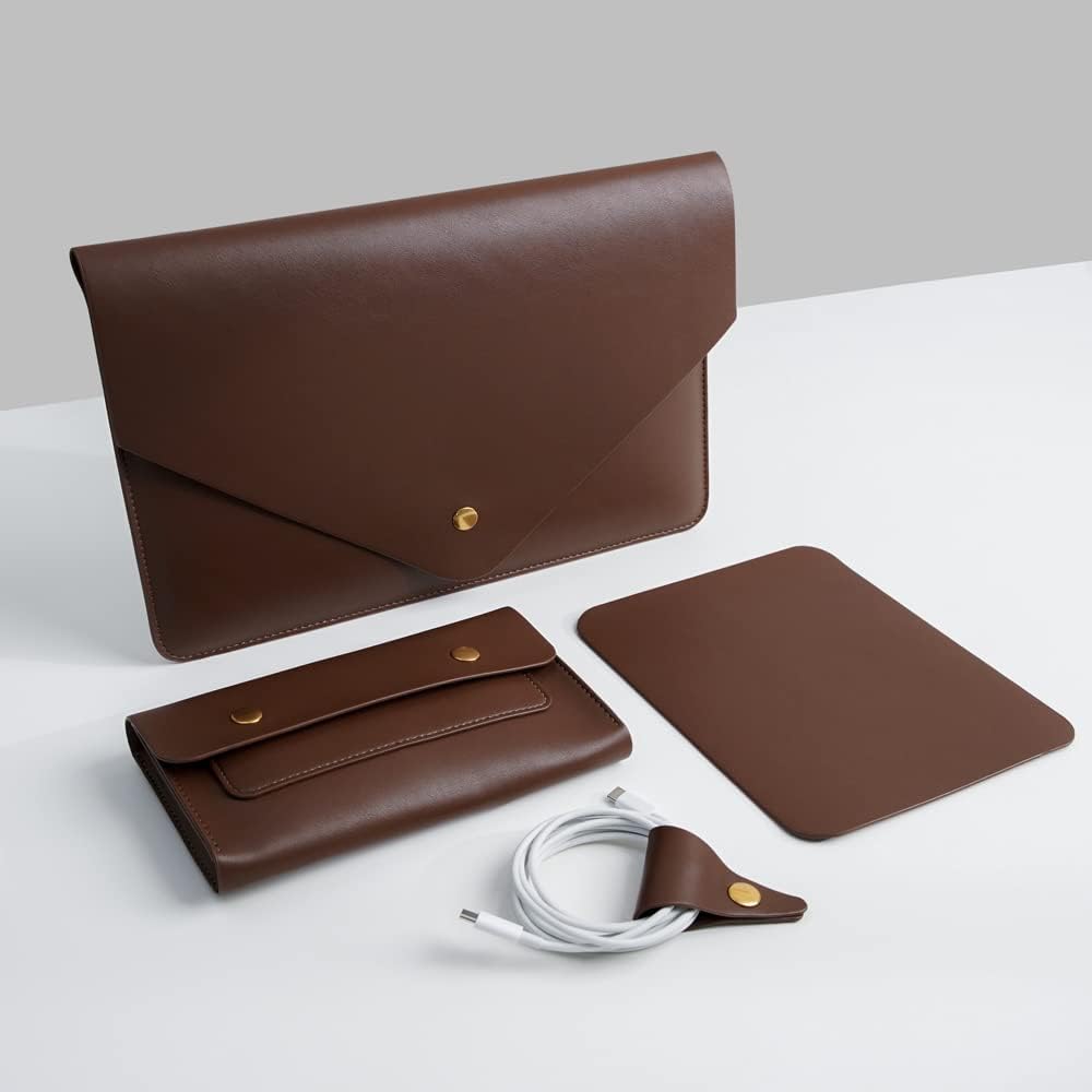 Benfan polyurethane leather laptop sleeve 13 inch dark brown front view showing envelope closure design