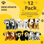 Group shot of twelve miniature stuffed puppies on a plain background for party favors