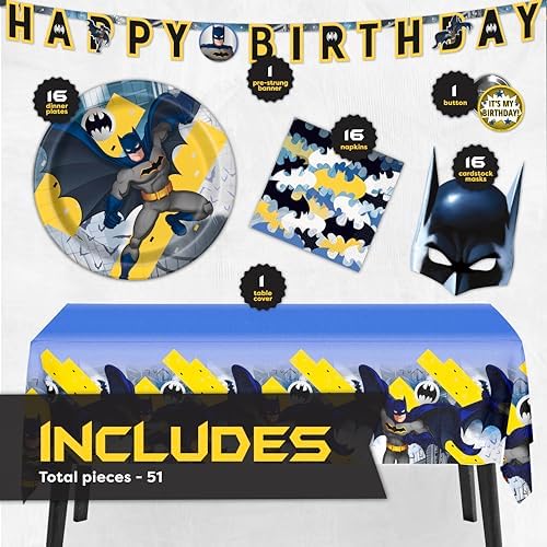 Authentic Batman themed disposable paper dinner plates with superhero graphics