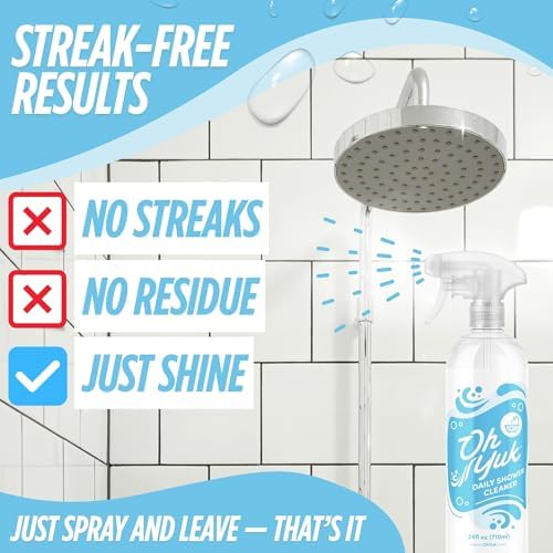 Oh Yuk bathroom cleaner spray being used on a glass shower door.